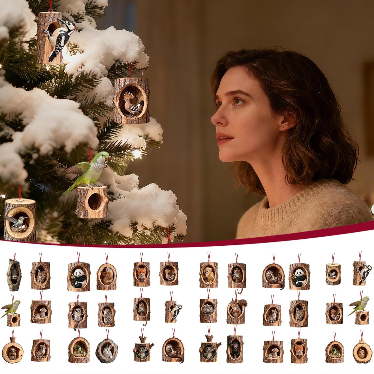 6Pc Christmas Animal Ornaments Set,Tree Hole Animal Christmas Tree Ornaments, 2D Flat Printing Acrylic Pendants Of Owls Raccoons Animals, Cute Xmas Decorations For Hanging On Tree Home Party