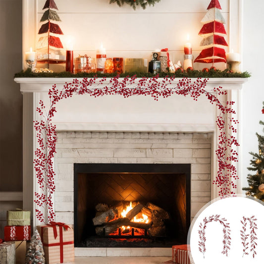 76.7 In Artificial Berry Garland,Artificial Christmas Red Fruit Rattan Vine With Leaves For Christmas Holiday Home Wall Mantle Decoration,Christmas Decoration Home Decor