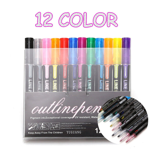 8/12 Pcs Marker Pen for Highlight, New Glitter Gel Pens Double Line Outline Pen Sparkle Markers Colorful Art Pens for Writing,Scrapbooking Journal Drawing SuppliesMetallic Paint Markers for Paper