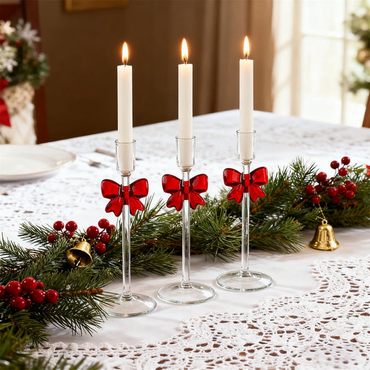 8*24*2.5 Bow Candle Holder,Bow Candlestick Holder Decor,,Red Bow Glass Taper Candle Holders,Tea Candle Sticks,Pink Centerpieces For Christmas Events Parties Wedding Receptions Table Centerpiece Decor