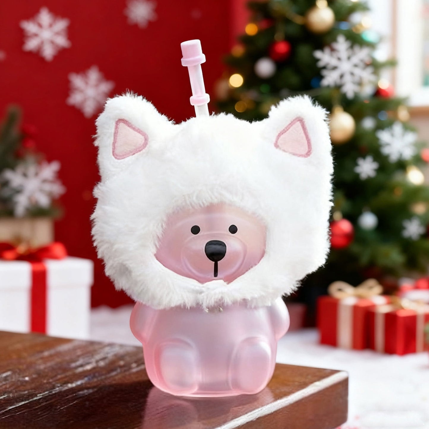 Adorable Bear-Shaped Glass Mug With Lid Straw Wear A Soft Head-Gear, 17Oz Cute Winter Themed Cup For Hot Chocolate, Plush Cat Head Cover Bear Straw Cup,Coffee & Tea, Leak-Proof & Dishwasher Safe
