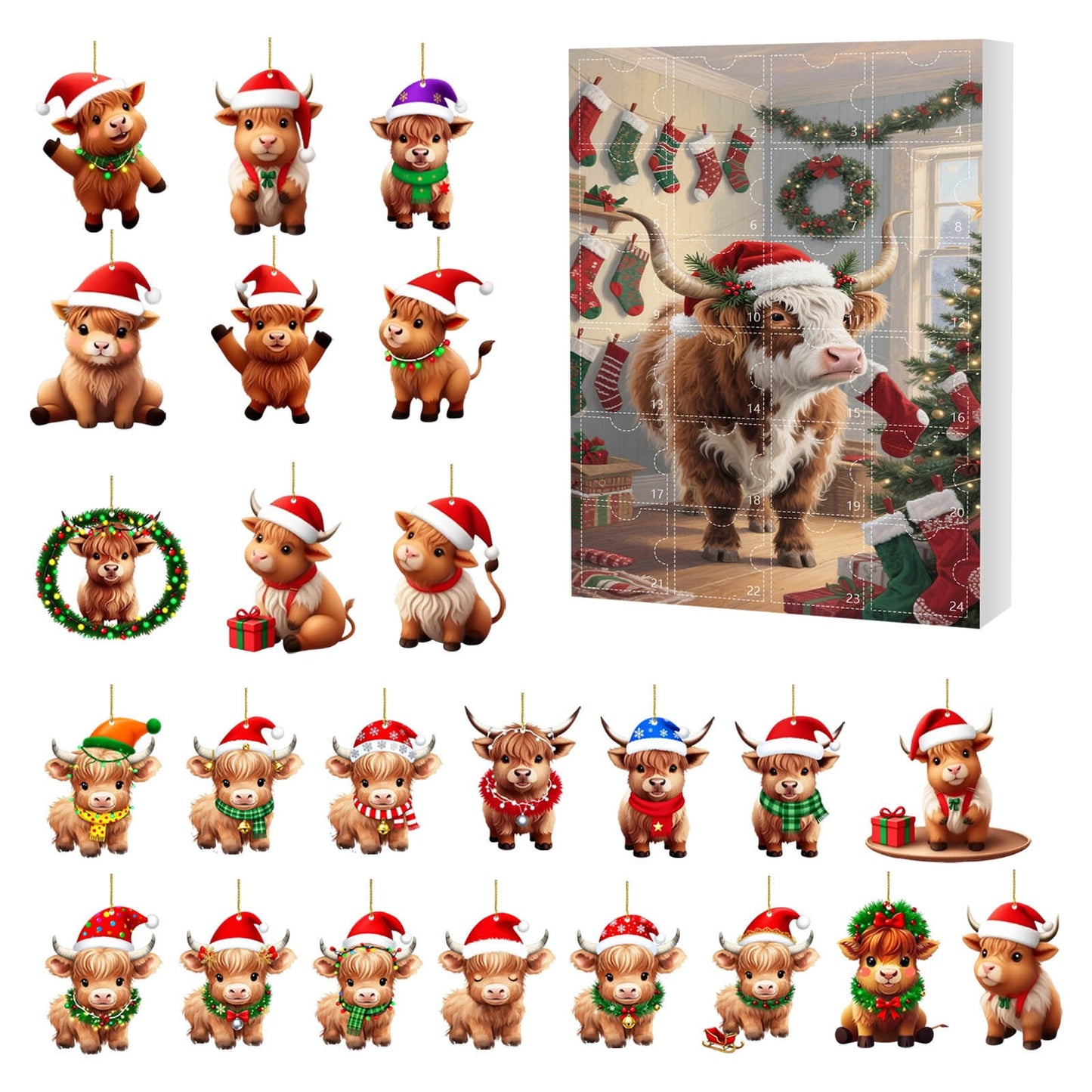 Adorable Scottish Cattle Ornaments-24 Days Christmas Countdown Calendar Highland Cow Advent Calendar 2025,With Mini Highland Cow Figures,For Holiday Decor & Festive Christmas Countdown Tradition