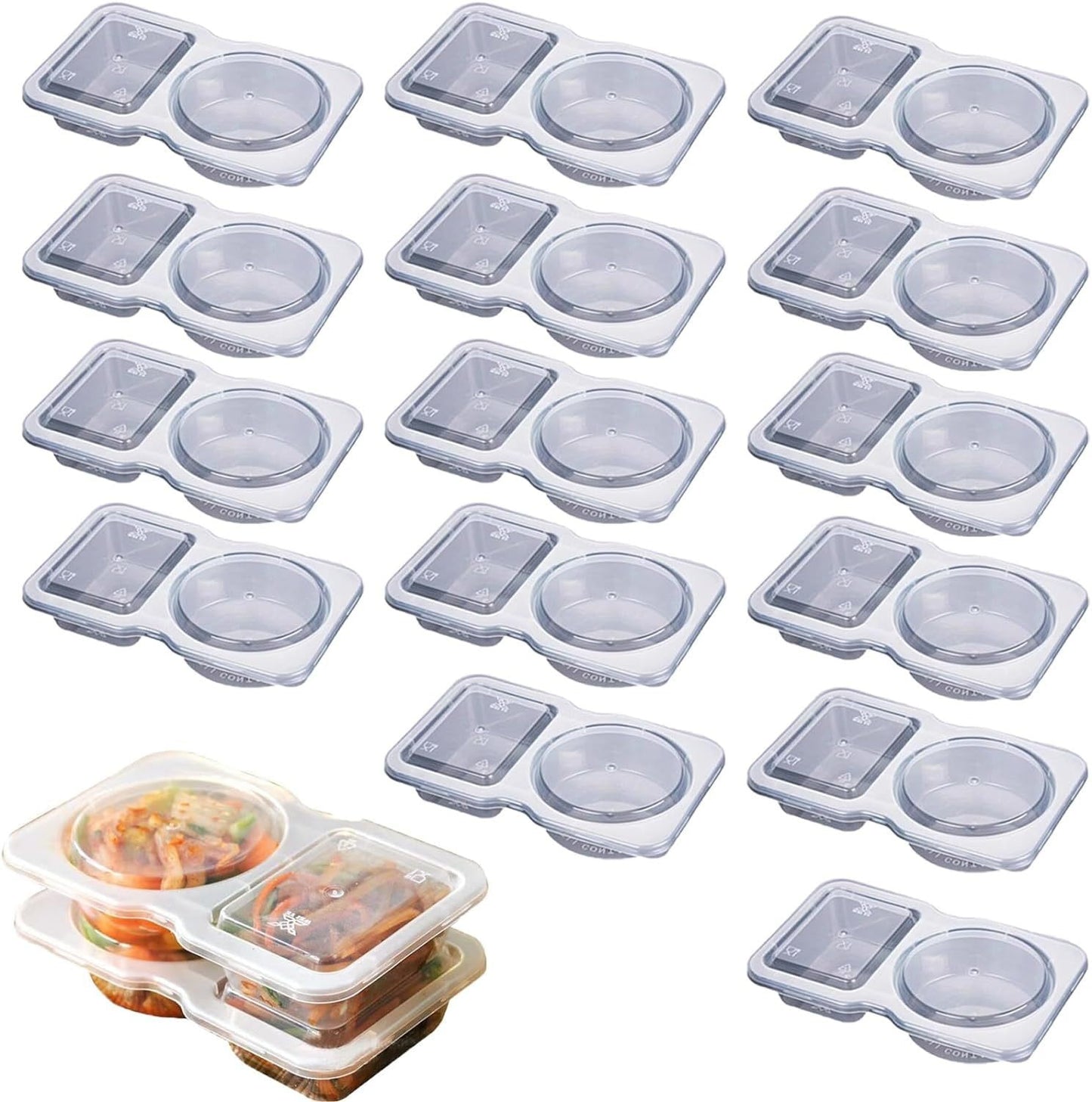 Banzch Double Compartment Condiment Container, Double Condiment Containers with Lids, 2 Compartment Snack Containers, Double Compartment Snack Containers for Sauce, Sampling,Travel Snack (15 PCS)