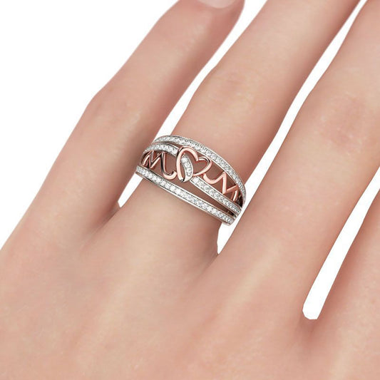 Banzch LOVE MOM Diamond Inlaid Ring Fashion Women Rose Gold Letter Ring Mother's Day Gift,Mothers Day Gifts