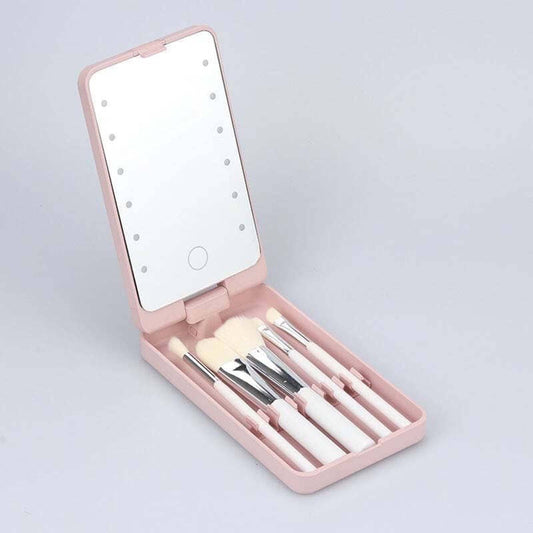 Banzch Travel Makeup Brush Set With LED Light Mirror Mirror With 5 Makeup Brushes Set Makeup Brush Storage Box With Cover,Mothers Day Gifts