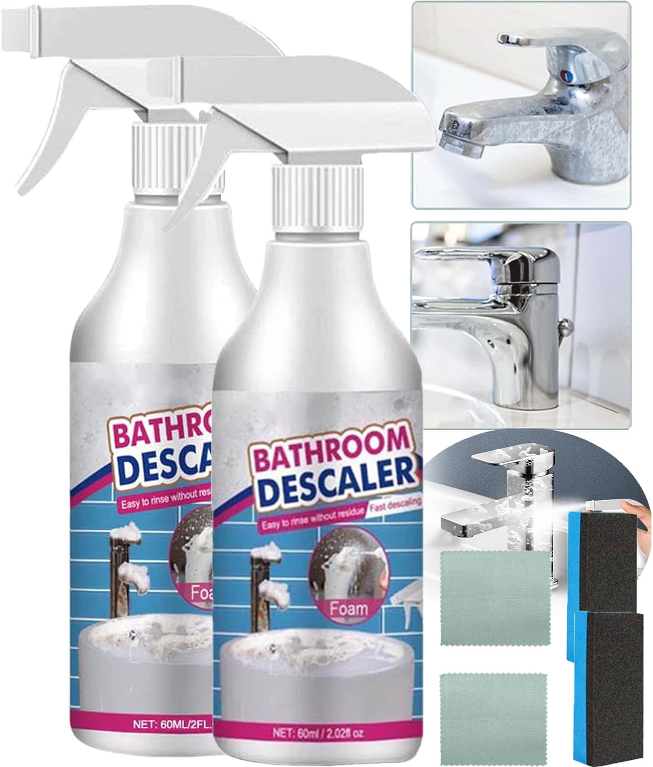 Bathroom Descaler Cleaner,2024 Powerful Stubborn Stains Cleaner All-Purpose Bathroom Descaler Foam Spray For Bathroom Toilet Bath Shower Glass Cleaner,Bathroom Descaler,1pcs£¨Sponge +Towel £©