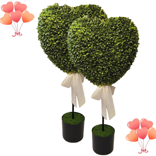 Boxwood Heart With Bow Topiary, Valentines Day Decorations Green And White, 32,Realistic Faux Potted Shrub For Indoor/Outdoor, Front Porch, Office Decor , not include the soil,2PCS
