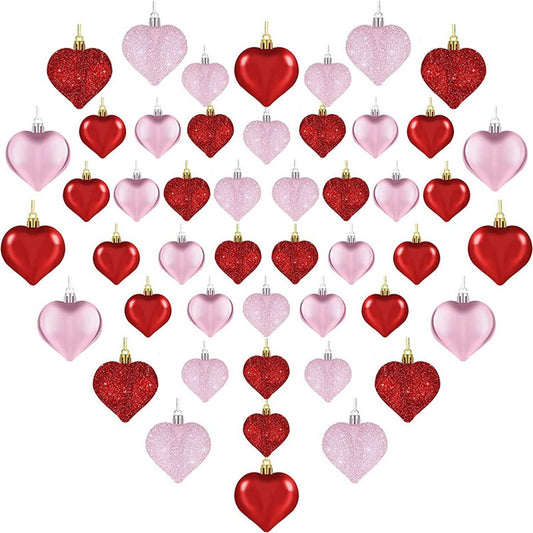 CELNNCOE 36Pcs Valentines Day Heart Shaped Ornaments | Valentines Heart Decorations,Red Pink Silver Glitter Heart Shaped Baubles | Romantic Valentine's Day Mini Tree Hanging Decorations