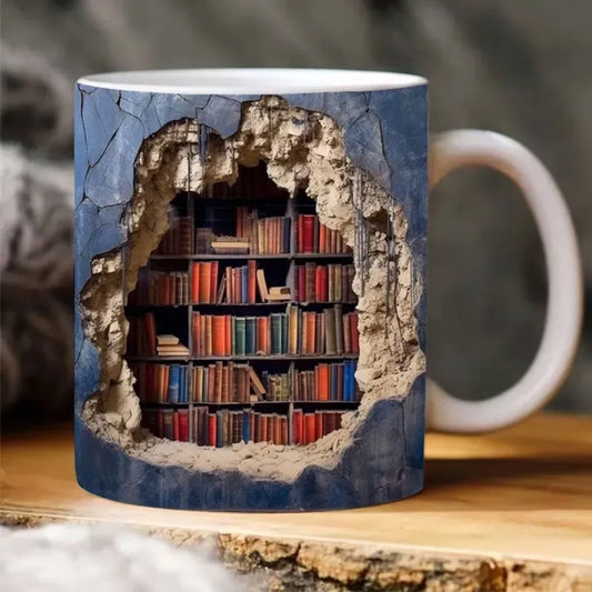 CELNNCOE 3D Bookshelf Mug -3D Effect Books Mugs,Library Bookshelf Mug, Book Lovers Coffee Mug, Creative Space Design Multi-Purpose Ceramic Mug, Cool Gifts for Readers Lover