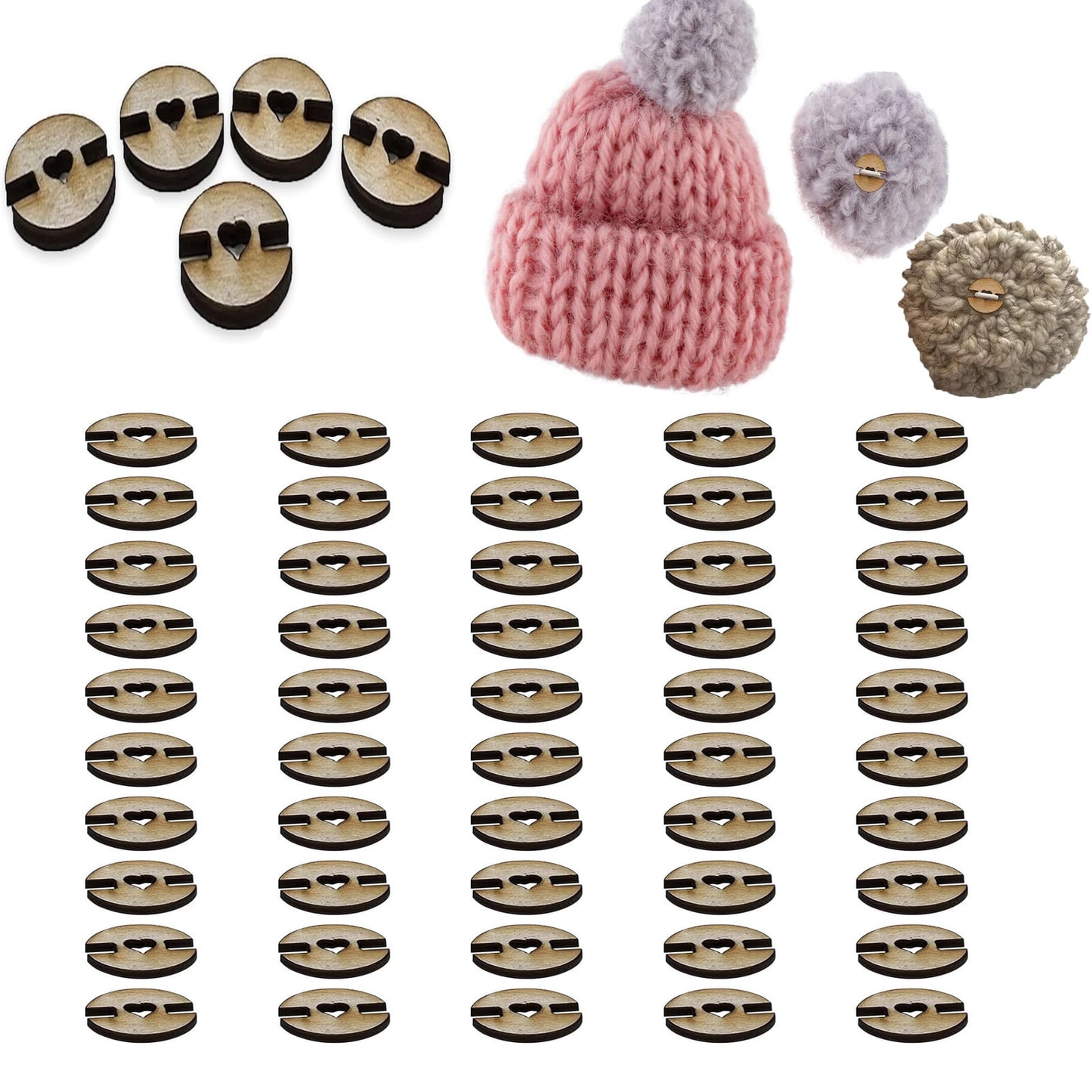 CELNNCOE 50PCS Wood Pom Poms for Hats Buttons, Hat Pom Poms Holder, Knitted Hat Making Fastener Tool, Pompom Holders for Knit and Toques,Wooden Buttons