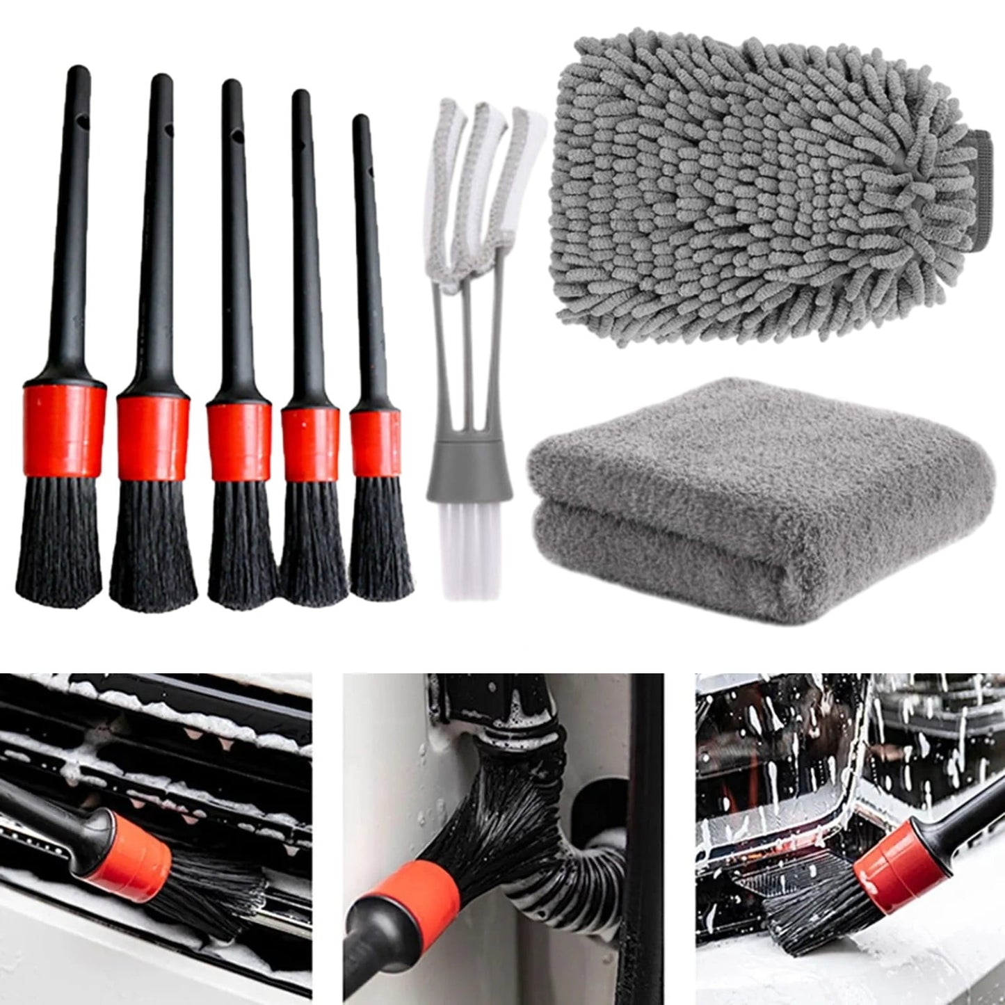 CELNNCOE Car Beauty Interior Cleaning Detail Brush 8 Piece Car Wash Gloves Car Wash Towel Combo Set,Car Accessories,Black,Free Size