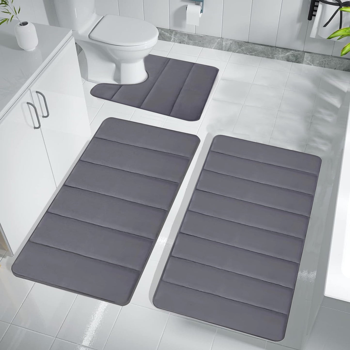 CELNNCOE Memory Foam Bath Mat Set, Soft Comfortable,Water Absorption,Non-Slip,Thick,Machine Washable,Easier to Dry,3 Pieces Bathroom Rugs Sets