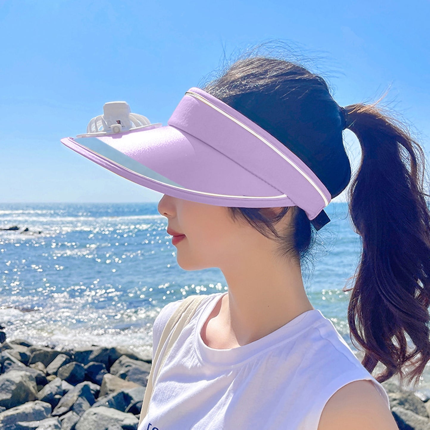CELNNCOE Portable Fan,Hat With Fan For Women - Fan Visor Hat - Three Gear Mediation And Large Area Sun Protection£¬White