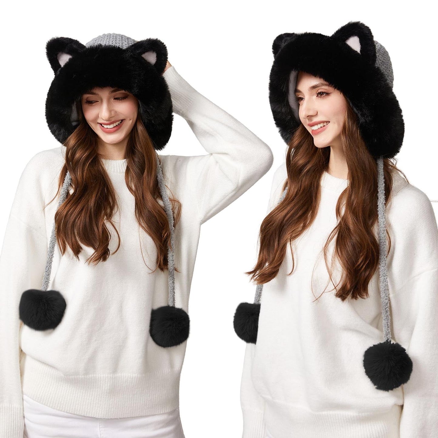 Cat Beanie,Cat Ear Beanie With Ears Hats,For Women Crochet Hat Black,Cute Cats Ears Knitting Hat Fluff Ball Fleece Lined Winter Knitwindproof Warmth For Women