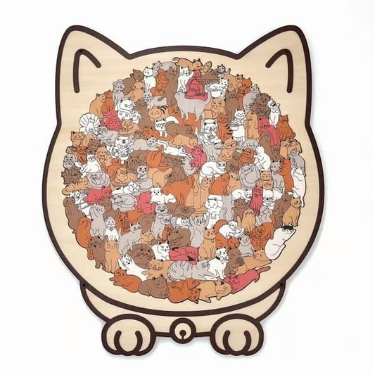 Cat Puzzle With Cat Shaped Pieces,Cat Shaped Wooden Puzzle,Mailard/Macaron/Wooden/Morandi-Colored ,Cute Animal Cats Decorative With Adorable Cats Outlines Framed And Acrylic Cover, Home Decor & Gift