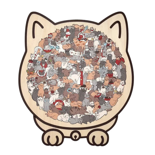 Cat Puzzle With Cat Shaped Pieces,Cat Shaped Wooden Puzzle,Mailard/Macaron/Wooden/Morandi-Colored ,Cute Animal Cats Decorative With Adorable Cats Outlines Framed And Acrylic Cover, Home Decor & Gift