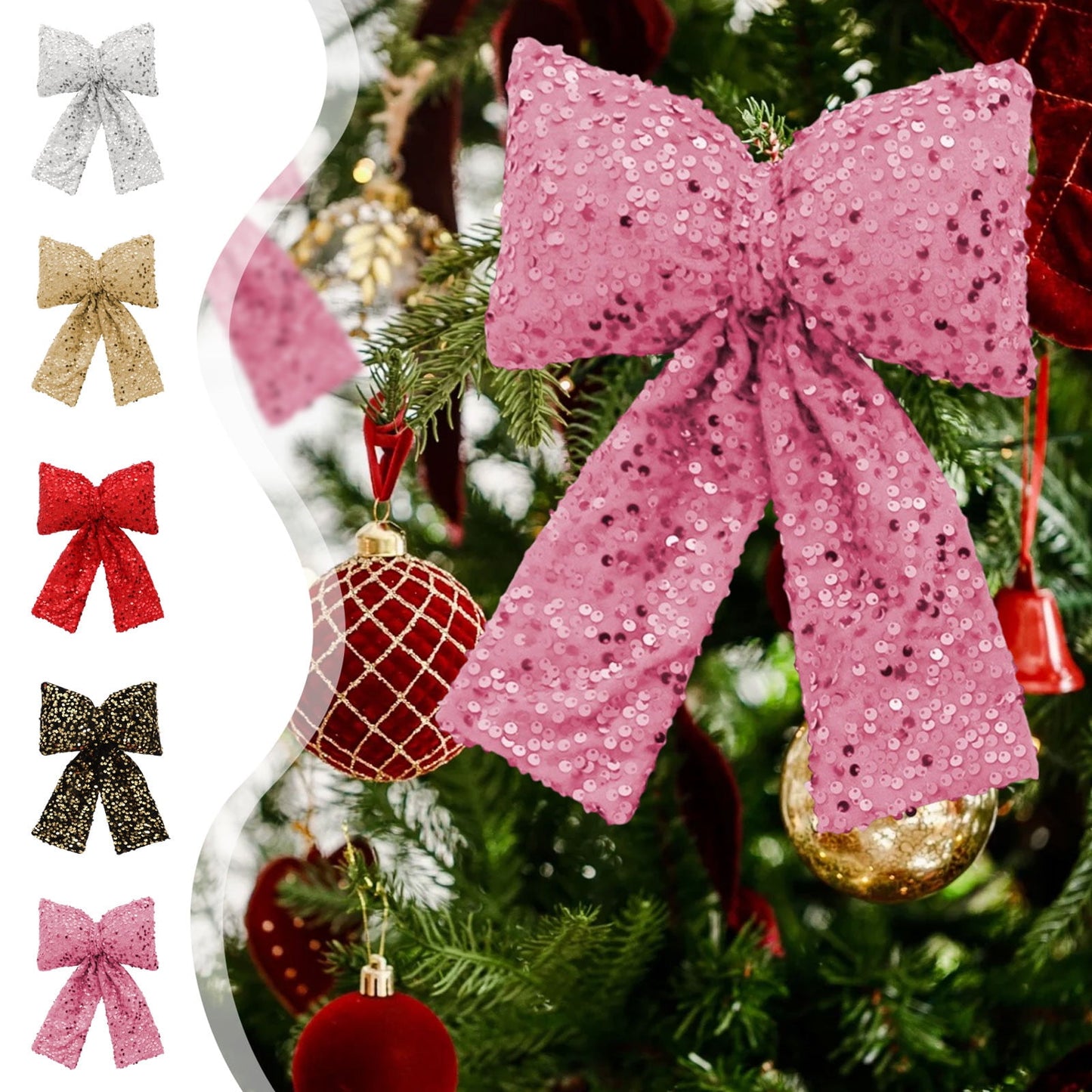 Christmas Bows Glitter Ribbon,Christmas Tree Bows,Sequins Christmas Ornaments,Christmas Bow For Wreaths,Christmas Bow Decorations Sequined Bow Pendants Window Decorations Christmas Tree Decorations