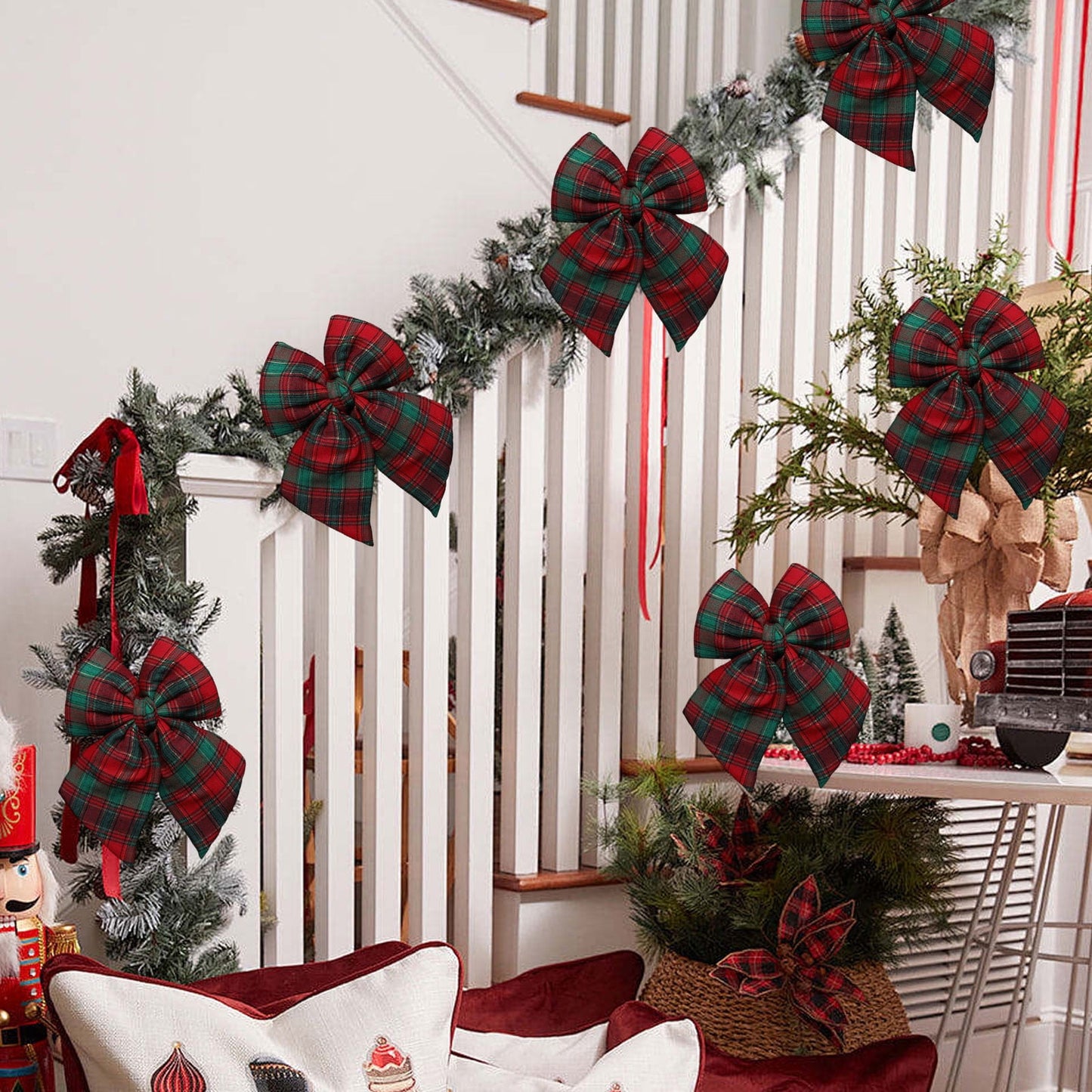 Christmas Bows Red Velvet Ribbon,Christmas Tree Bows,Plaid Christmas Ornaments,Christmas Bow For Wreaths,Christmas Bow Decoration Checkered Bow Pendant Window Decoration Christmas Tree Decoration