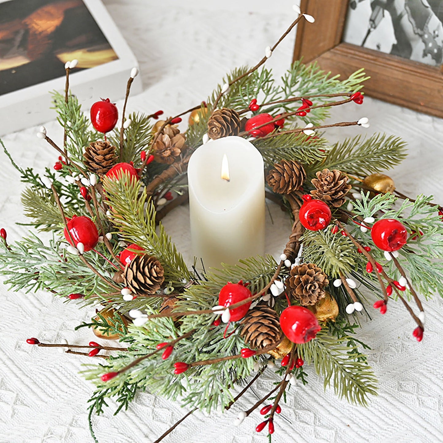 Christmas Candle Ring Wreath With Artificial Leaves, Table Centerpiece Candlestick Garland For Dining Room Or Fireplace Holiday Christmas Decor