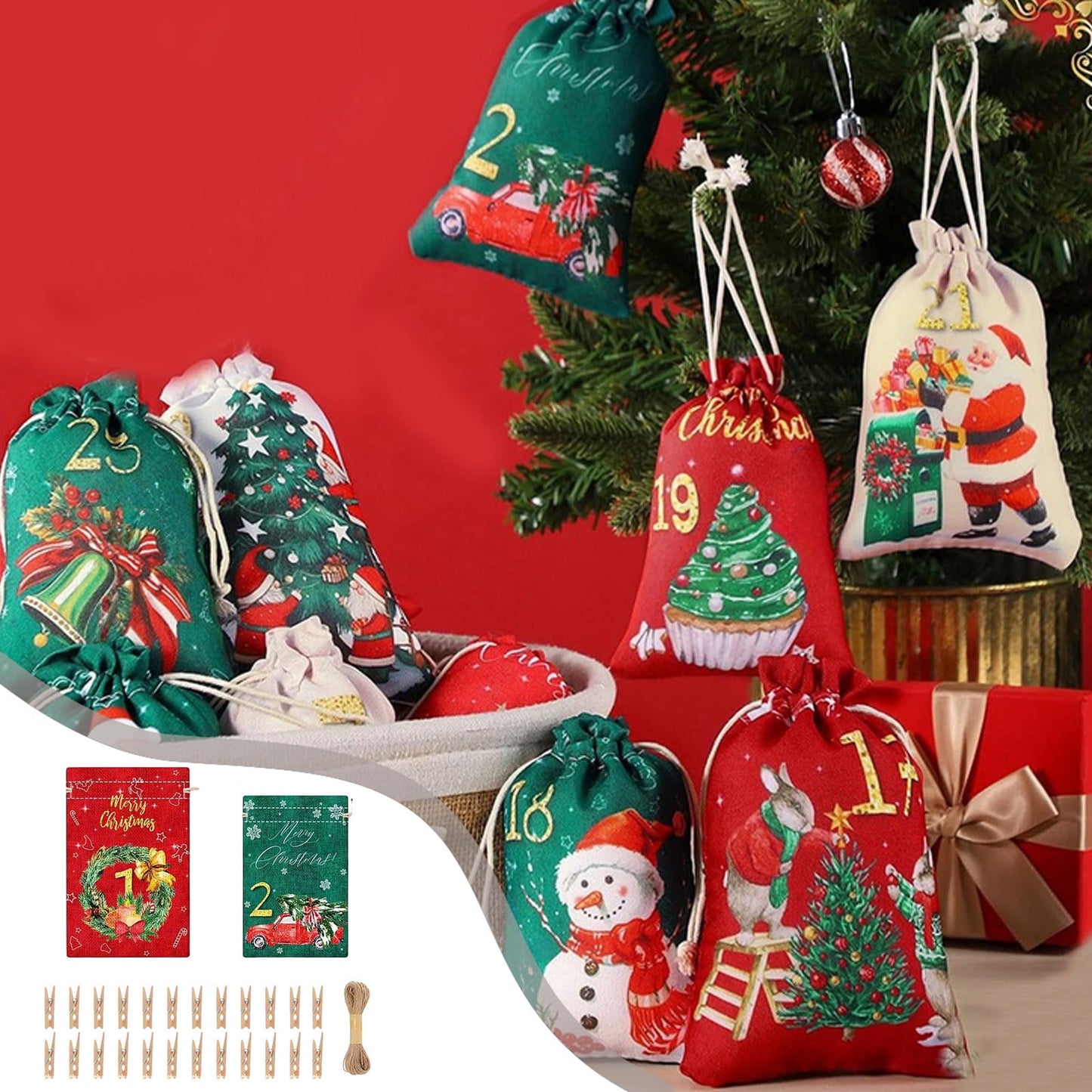 Christmas Countdown Hanging Bag Set - 24 Days Advent Calendar With Clips & Lanyards, Linen-Style Gift Bags For Candy & Small Treats, Festive Home Decor