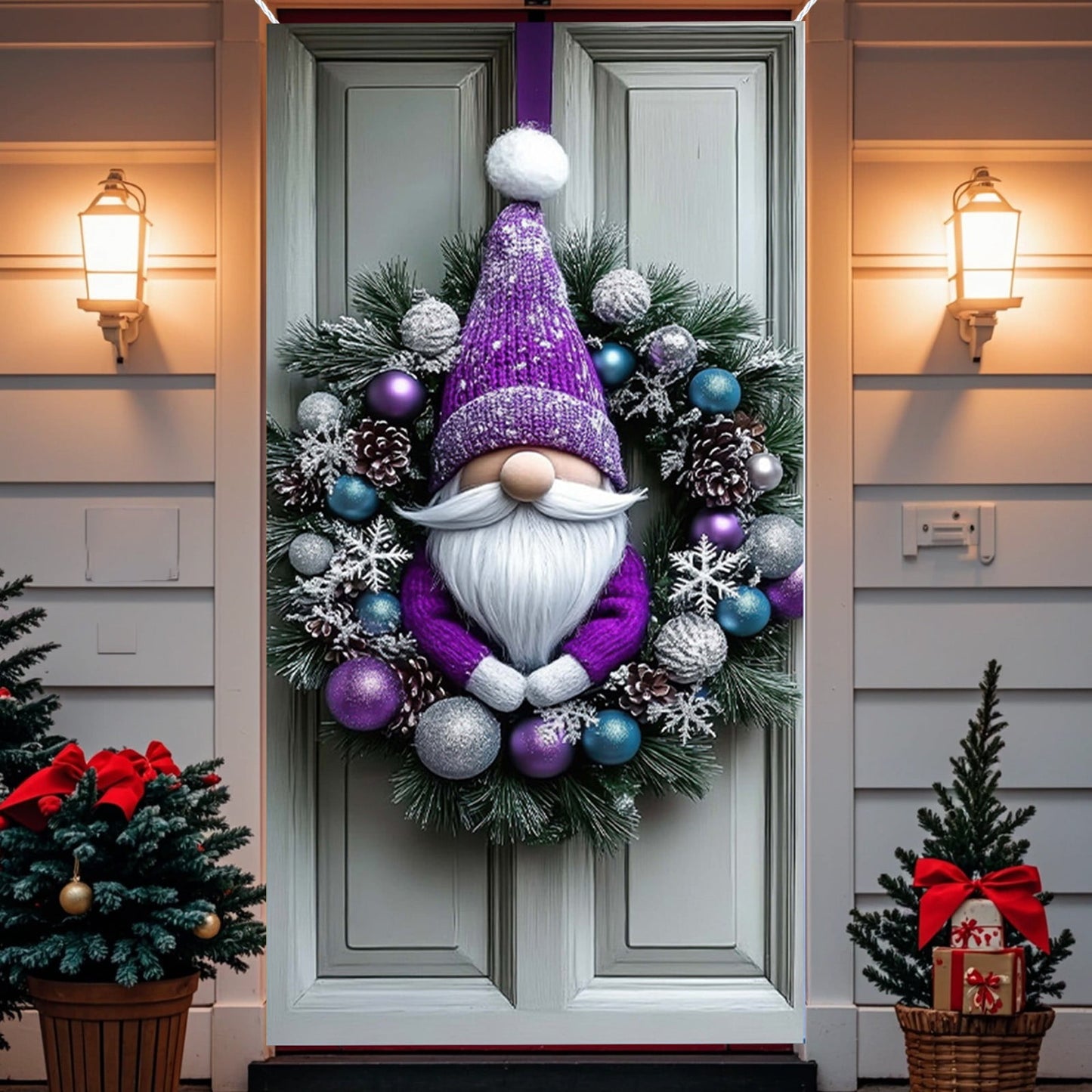 Christmas Decorations Door Cover For Front Door Decor, 3D Visual Effects Santa Claus Snowman Gnomes Pattern Banner Xmas Winter Seasonal Holiday Party Porch Wall Hanging Cover, 71 X 35 Inches