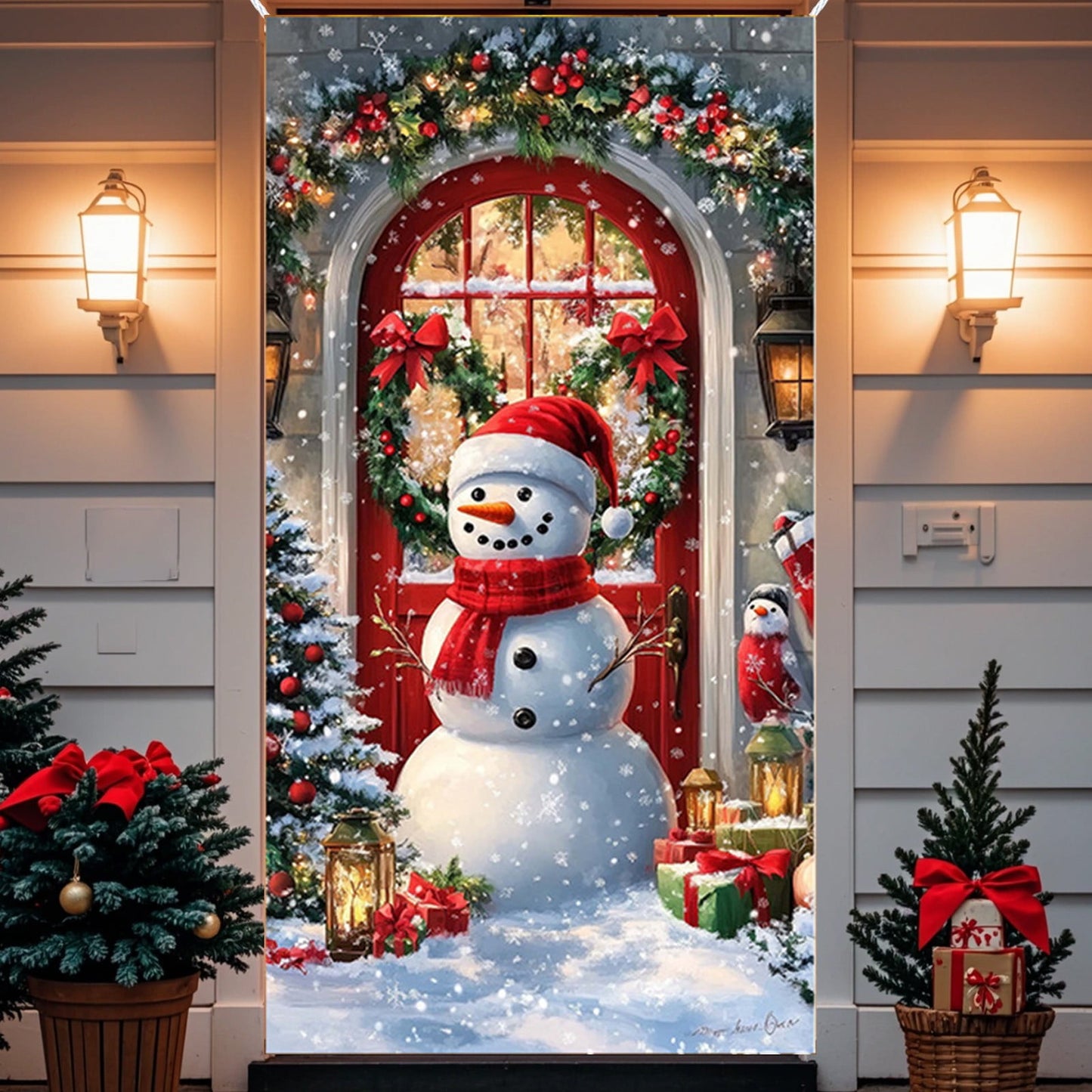 Christmas Decorations Door Cover For Front Door Decor, 3D Visual Effects Santa Claus Snowman Gnomes Pattern Banner Xmas Winter Seasonal Holiday Party Porch Wall Hanging Cover, 71 X 35 Inches