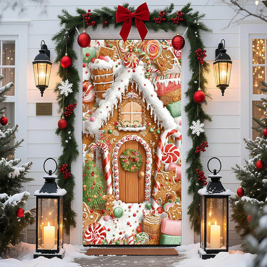Christmas Decorations Door Cover For Front Door Decor, 3D Visual Effects Santa Claus Snowman Gnomes Pattern Banner Xmas Winter Seasonal Holiday Party Porch Wall Hanging Cover, 71 X 35 In