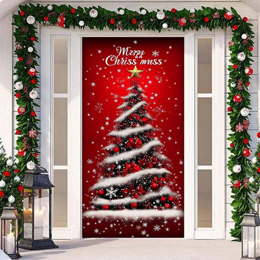 Christmas Decorations Door Cover For Front Door Decor, 3D Visual Effects Santa Claus Snowman Gnomes Pattern Banner Xmas Winter Seasonal Holiday Party Porch Wall Hanging Cover, 71 X 35 In
