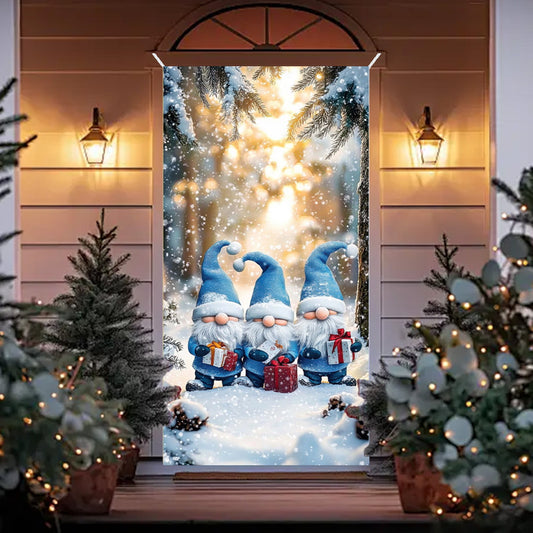 Christmas Decorations Door Cover For Front Door Decor, 3D Visual Effects Santa Claus Snowman Gnomes Pattern Banner Xmas Winter Seasonal Holiday Party Porch Wall Hanging Cover, 71 X 35 Inches