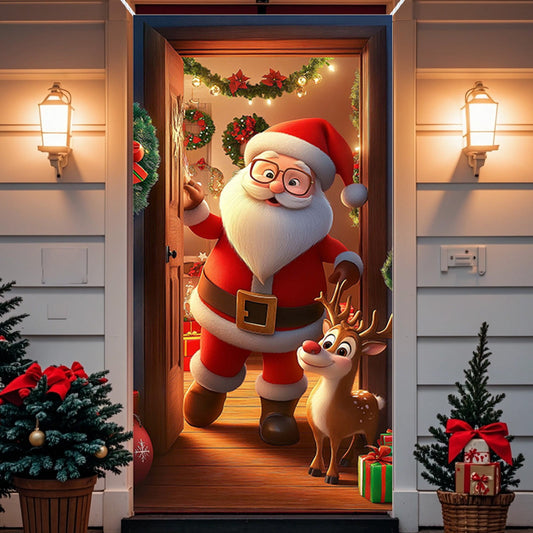 Christmas Decorations Door Cover For Front Door Decor, 3D Visual Effects Santa Claus Snowman Gnomes Pattern Banner Xmas Winter Seasonal Holiday Party Porch Wall Hanging Cover, 71 X 35 Inches