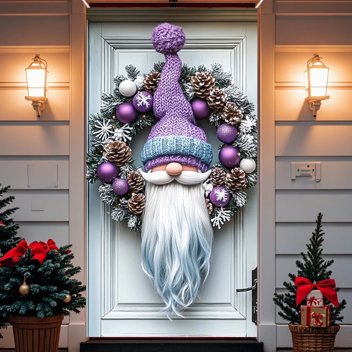 Christmas Decorations Door Cover For Front Door Decor, 3D Visual Effects Santa Claus Snowman Gnomes Pattern Banner Xmas Winter Seasonal Holiday Party Porch Wall Hanging Cover, 71 X 35 Inches