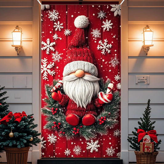 Christmas Decorations Door Cover For Front Door Decor, 3D Visual Effects Santa Claus Snowman Gnomes Pattern Banner Xmas Winter Seasonal Holiday Party Porch Wall Hanging Cover, 71 X 35 Inches
