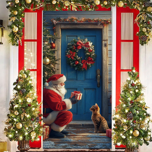 Christmas Door Cover 185*90/180*90Cm,Christmas Door Curtain Ensigns Outdoor Photo Christmas Day Party Elves Celebration Decoration Background Hanging Decoration Hanging Fabric