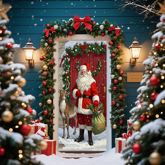 Christmas Door Cover 185*90/180*90Cm,Christmas Door Curtain Ensigns Outdoor Photo Christmas Day Party Elves Celebration Decoration Background Hanging Decoration Hanging Fabric