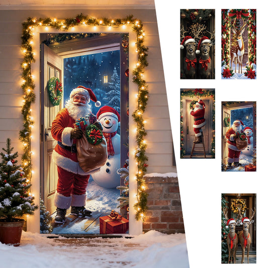 Christmas Door Cover 185*90/180*90Cm,Christmas Door Curtain Ensigns Outdoor Photo Christmas Day Party Elves Celebration Decoration Background Hanging Decoration Hanging Fabric