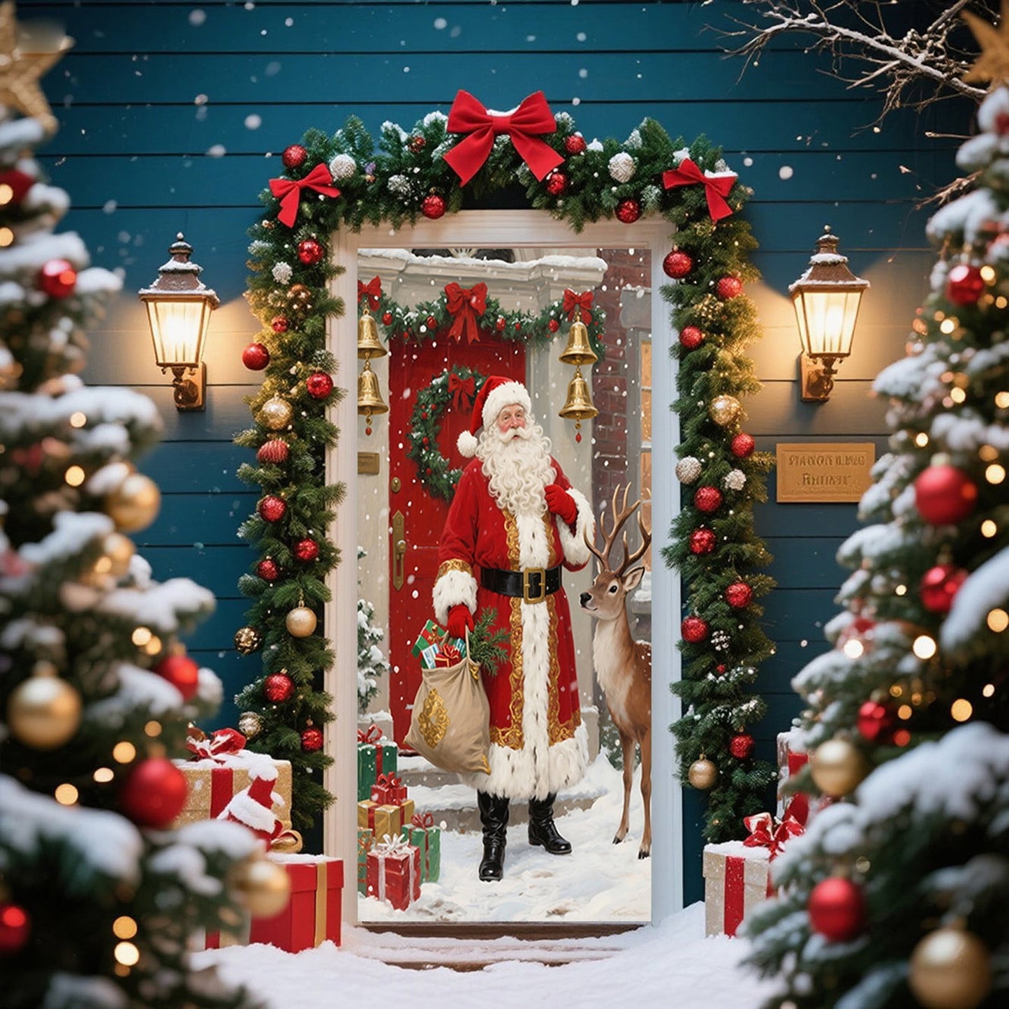 Christmas Door Cover 185*90/180*90Cm,Christmas Door Curtain Ensigns Outdoor Photo Christmas Day Party Elves Celebration Decoration Background Hanging Decoration Hanging Fabric