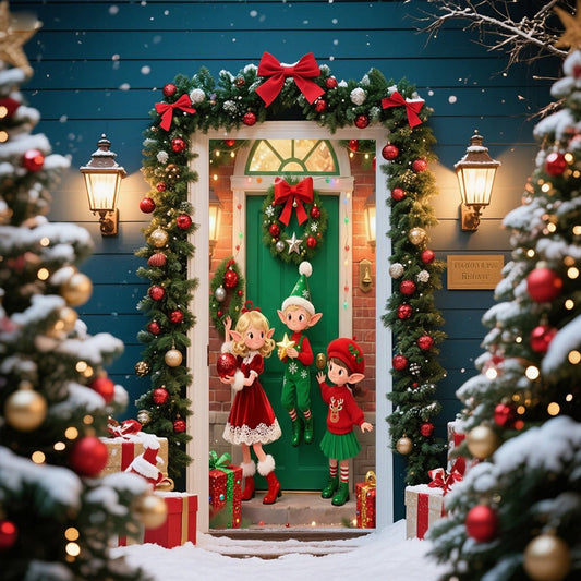 Christmas Door Cover 185*90/180*90Cm,Christmas Door Curtain Ensigns Outdoor Photo Christmas Day Party Elves Celebration Decoration Background Hanging Decoration Hanging Fabric