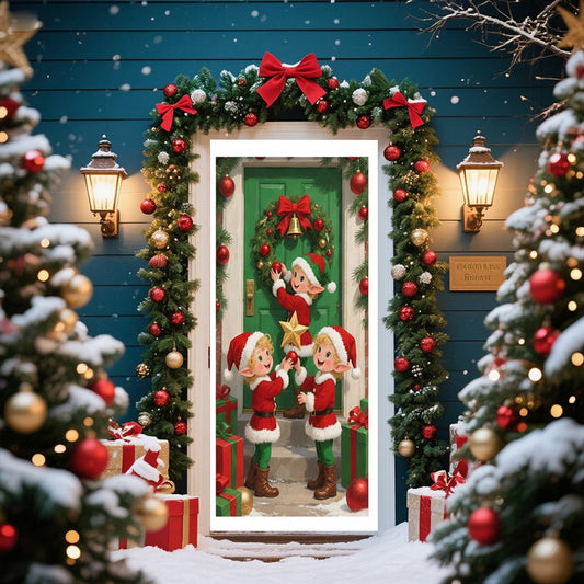 Christmas Door Cover 185*90/180*90Cm,Christmas Door Curtain Ensigns Outdoor Photo Christmas Day Party Elves Celebration Decoration Background Hanging Decoration Hanging Fabric