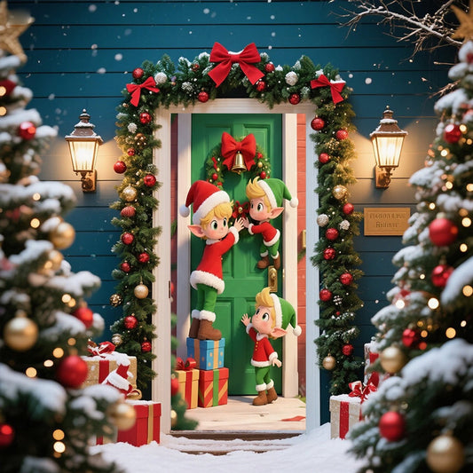 Christmas Door Cover 185*90/180*90Cm,Christmas Door Curtain Ensigns Outdoor Photo Christmas Day Party Elves Celebration Decoration Background Hanging Decoration Hanging Fabric