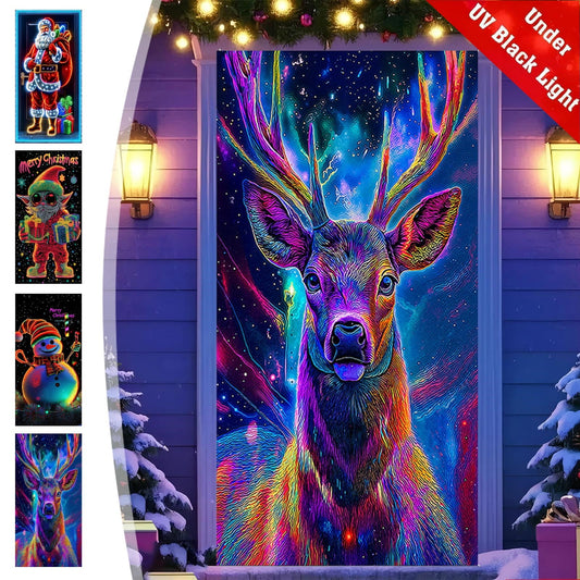 Christmas Door Cover Christmas Door Decorations,Reindeer/Santa Claus/Snowman Uv Fluorescent Festive Decoration, Large Waterproof Reusable Outdoor Holiday Cover For Home, Yard, Party & Photo Backdrop