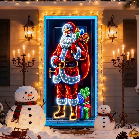 Christmas Door Cover Christmas Door Decorations,Reindeer/Santa Claus/Snowman Uv Fluorescent Festive Decoration, Large Waterproof Reusable Outdoor Holiday Cover For Home, Yard, Party & Photo Backdrop