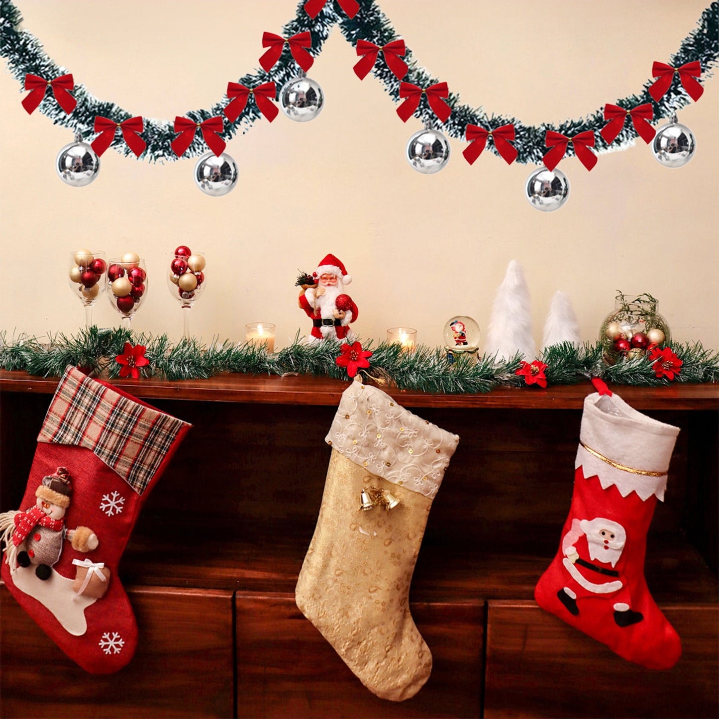 Christmas Garland With Floral Ribbon & Pom Poms - 2 Meter Long Decorative Vine For Tree & Window Decor,Bows & Ornaments,Christmas Tree Pendant With Drawstring Floral Ribbon 2 Meters Long With Pompoms