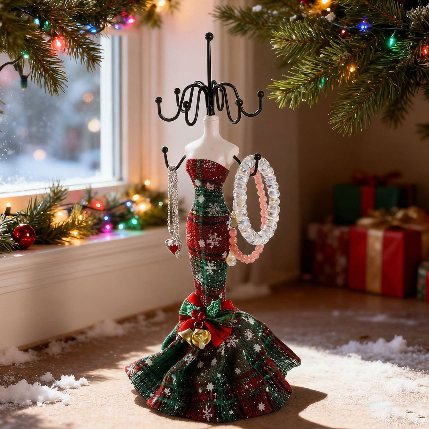 Christmas Jewelry Organizer,Christmas Dress And Jewelry Storage Rack,Christmas High-Heeled Shoe Jewelry Storage Rack,Resin Craft Ornaments Model Dress Earring Necklace Display Rack Desktop Decoration