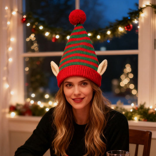 Christmas Knitted Elf Hat With Pom Pom Design, Warm Winter Beanie With Santa Claus Themes, Comfortable Crochet Hat For Men And Women, Festive Seasonal Headwear For Outdoor Activities And Holiday Part