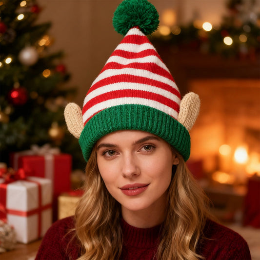 Christmas Knitted Elf Hat With Pom Pom Design, Warm Winter Beanie With Santa Claus Themes, Comfortable Crochet Hat For Men And Women, Festive Seasonal Headwear For Outdoor Activities And Holiday Part