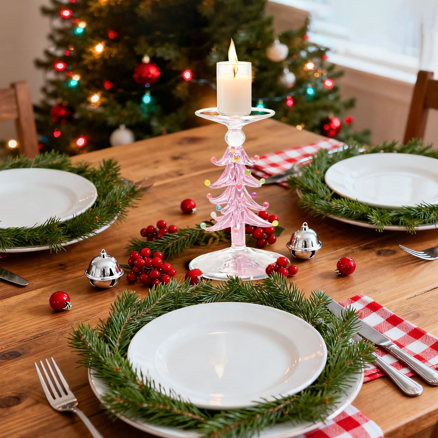 Christmas Taper Candle Holder,Christmas Tree Candle Holder,Christmas Glass Candlesticks Holders Candle Stand,Pink/Green Xmas Ribbed Candlestick Stand Centerpiece For Table Party Decorations Gifts