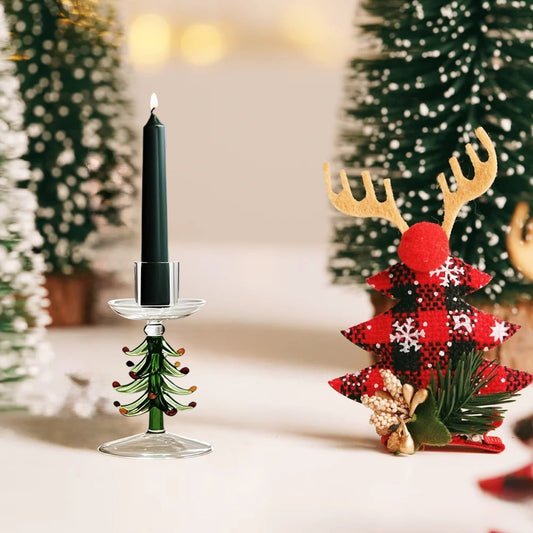 Christmas Taper Candle Holder,Christmas Tree Candle Holder,Christmas Glass Candlesticks Holders Candle Stand,Pink/Green Xmas Ribbed Candlestick Stand Centerpiece For Table Party Decorations Gifts