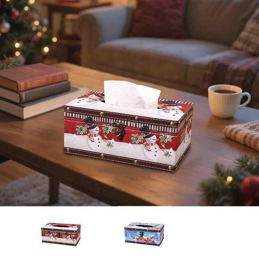 Christmas Tissue Box Cover,Christmas Box Cover,Christmas Themed Wooden Tissue Box Cover, Light Blue & Red Wood Napkin Holder For Living Room Bedroom Coffee Table Decor