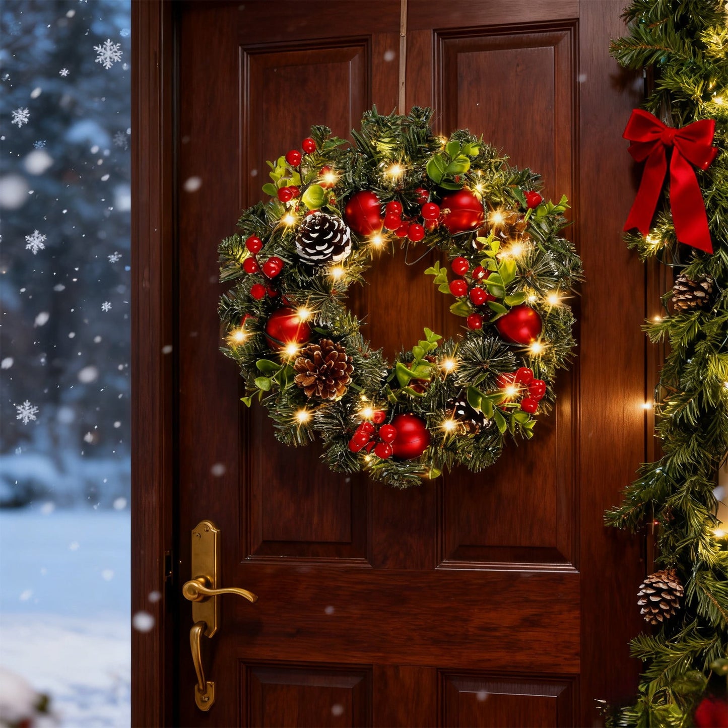 Christmas Wreath With Lights Berry Vines Hanging Garland Front Door Decoration Indoor Outdoor Seasonal Holiday Party Decor