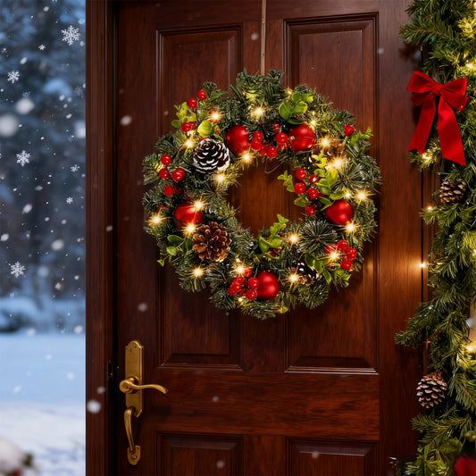Christmas Wreath With Lights Berry Vines Hanging Garland Front Door Decoration Indoor Outdoor Seasonal Holiday Party Decor